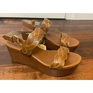 Michael Kors Collection Tan Braided Leather Platform Sandals